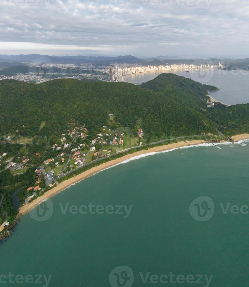 Balneario Camboriu in Santa Catarina. Taquaras Beach and Laranjeiras Beach in Balneario Camboriu. Aerial view in landscape. photo