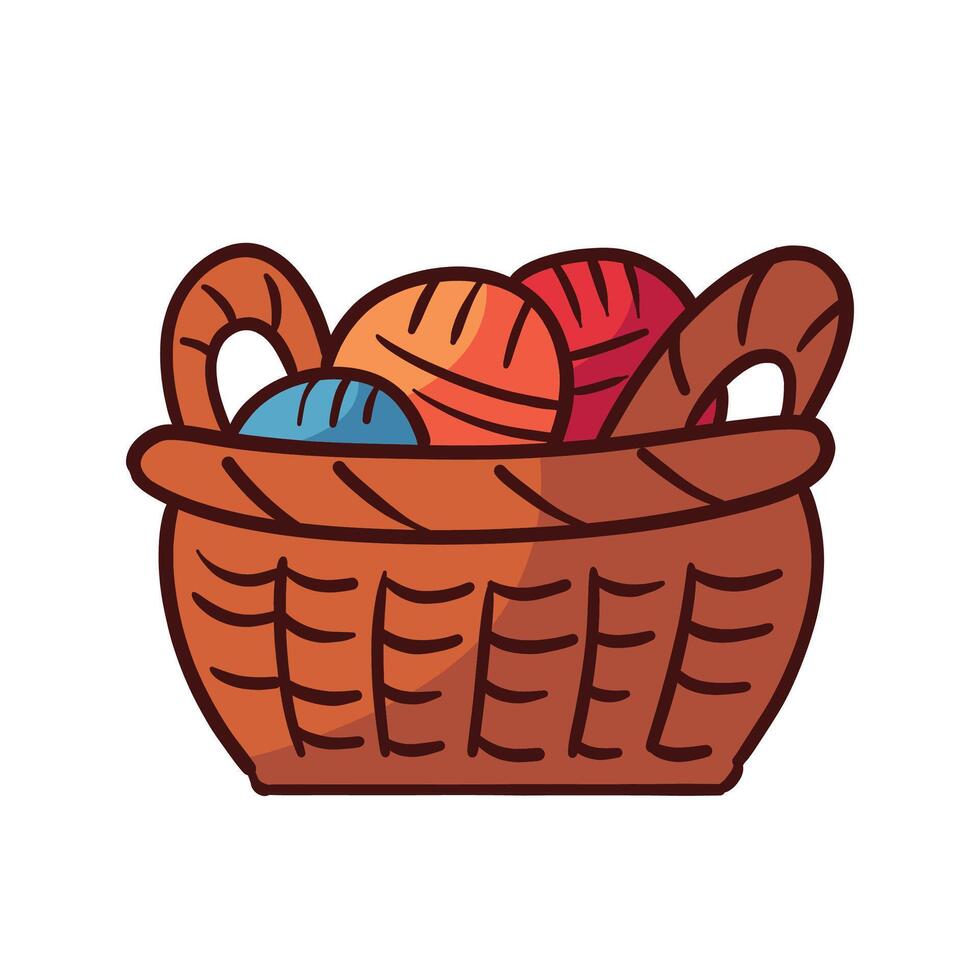Skeins of wool and knitting needles in a basket vector