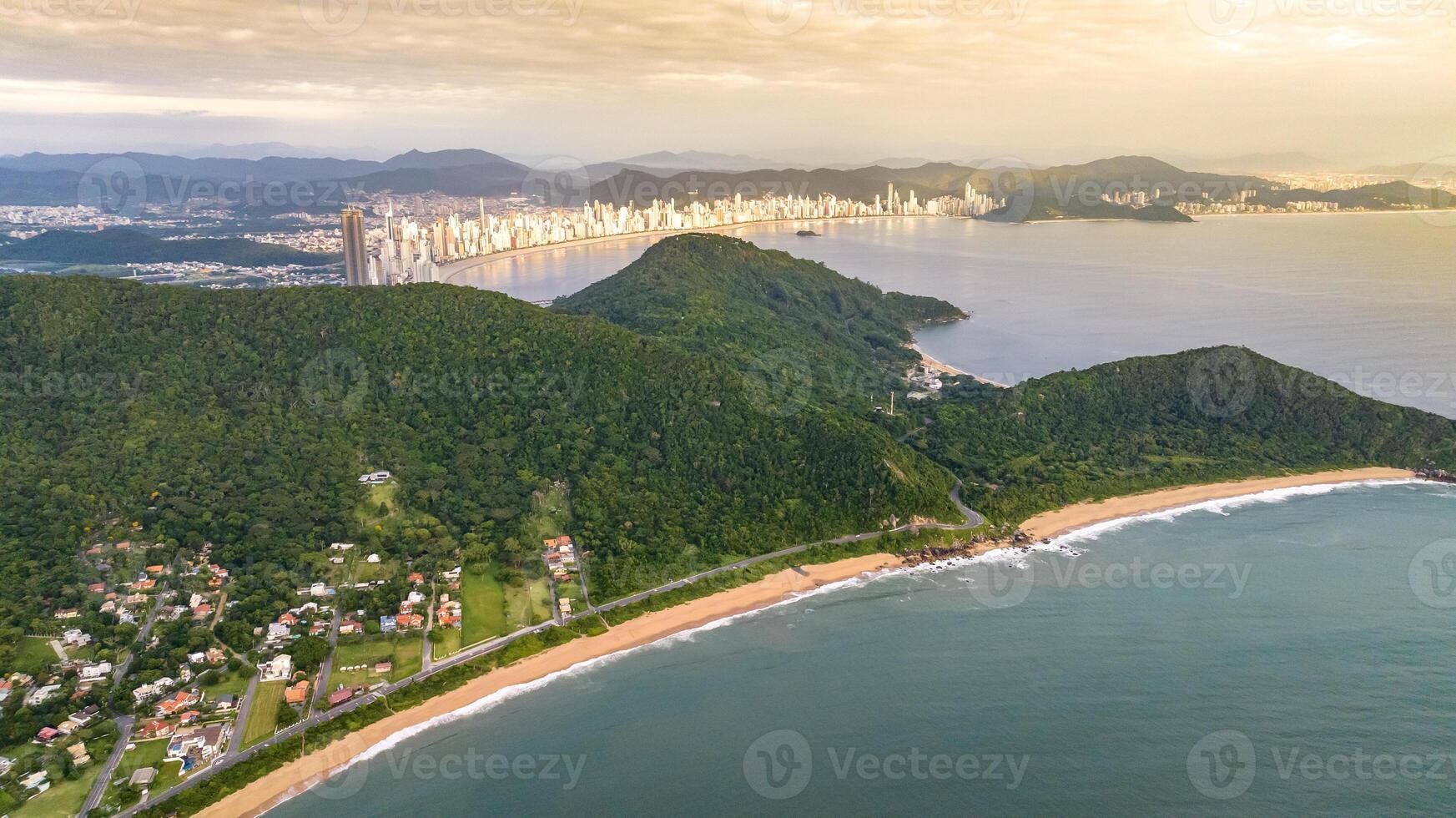 Balneario Camboriu in Santa Catarina. Taquaras Beach and Laranjeiras Beach in Balneario Camboriu. Aerial view in landscape. photo