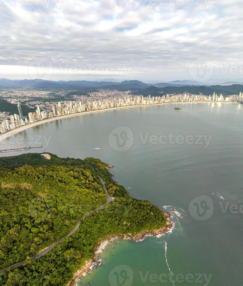 Balneario Camboriu in Santa Catarina. Taquaras Beach and Laranjeiras Beach in Balneario Camboriu. Aerial view in landscape. photo