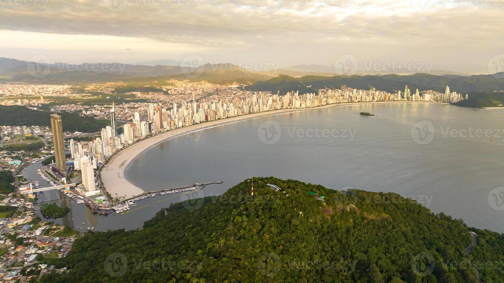 Balneario Camboriu in Santa Catarina. Taquaras Beach and Laranjeiras Beach in Balneario Camboriu. Aerial view in landscape. photo
