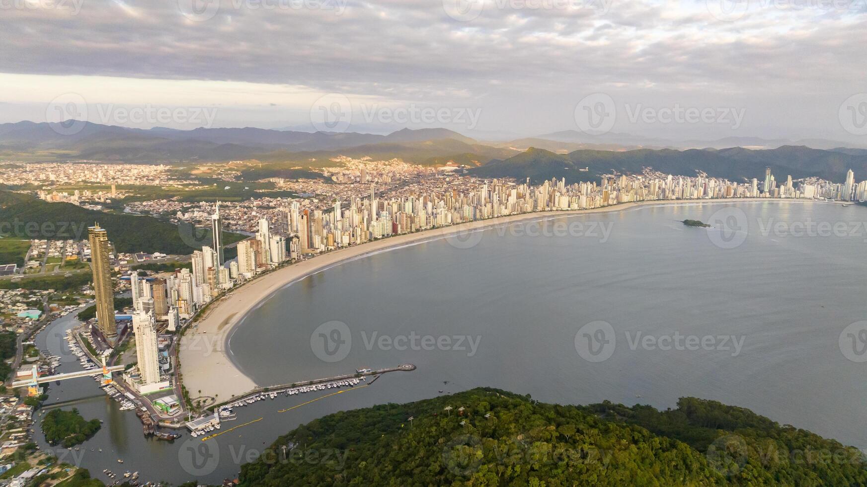 Balneario Camboriu in Santa Catarina. Taquaras Beach and Laranjeiras Beach in Balneario Camboriu. Aerial view in landscape. photo