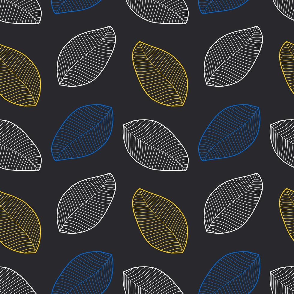 Falling yellow, blue and white leaves on a black background. Seamless trendy autumn pattern for fabric prints. vector