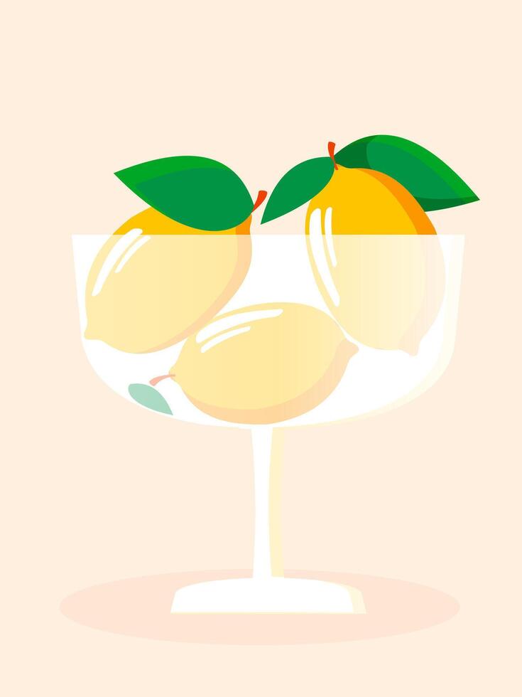 Yellow lemons with leaves in a transparent frosted glass vase on a pink light background. Vertical banner with sour fruits for hot summer lemonade. vector