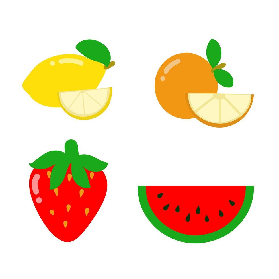 Healthy fruit clipart lemon, orange, strawberry, watermelon illustration collection set vector