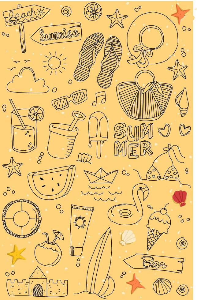 Hand drawn set go to the beach at summer holiday with sand background vector