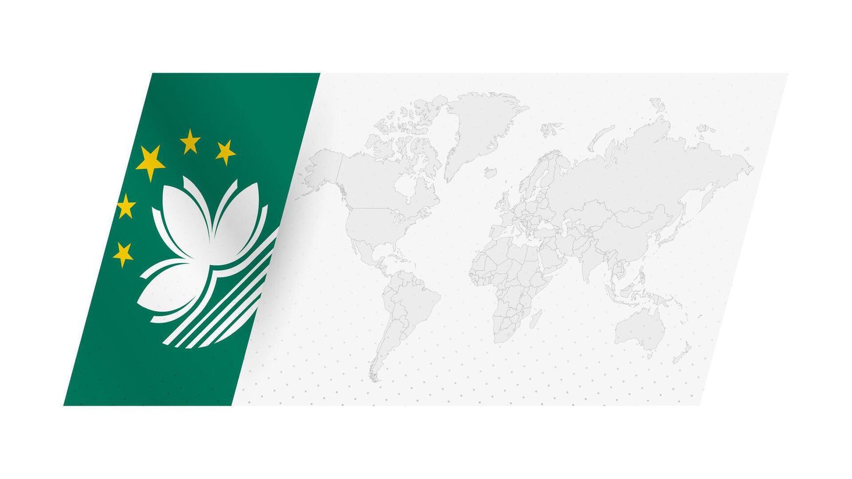 World map in modern style with flag of Macau on left side. vector