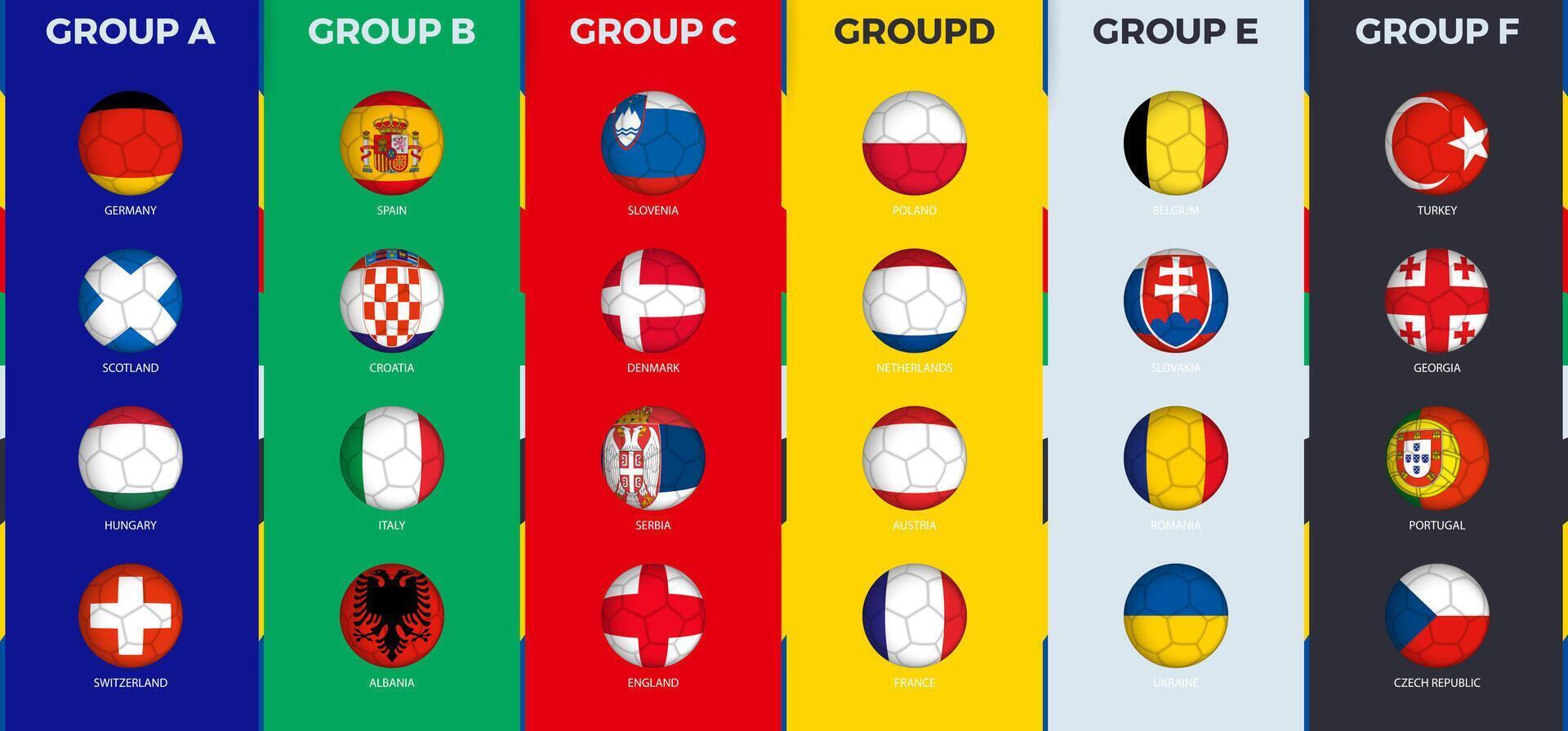 Football 2024 tournament flag set, flags in the style of a soccer ball. vector
