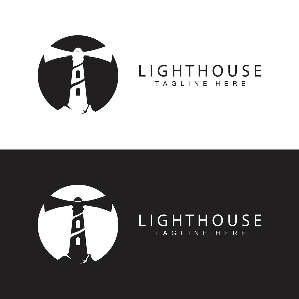 Lighthouse logo beacon tower ship signal simple beach port design template vector