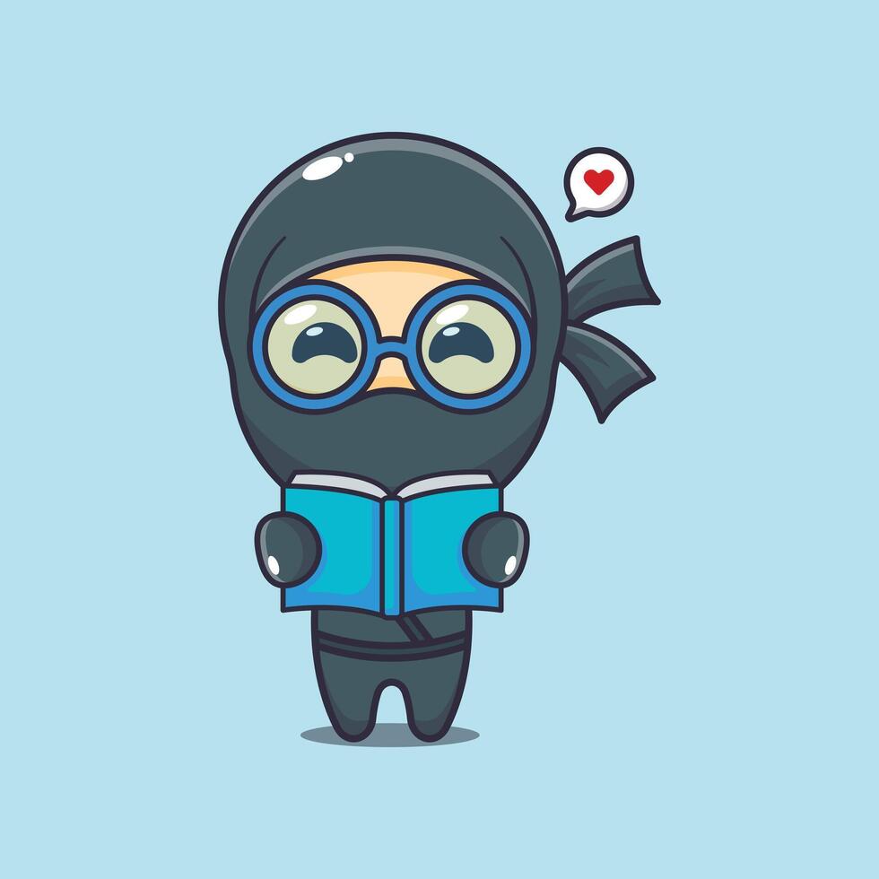 Cute ninja reading a book cartoon illustration vector