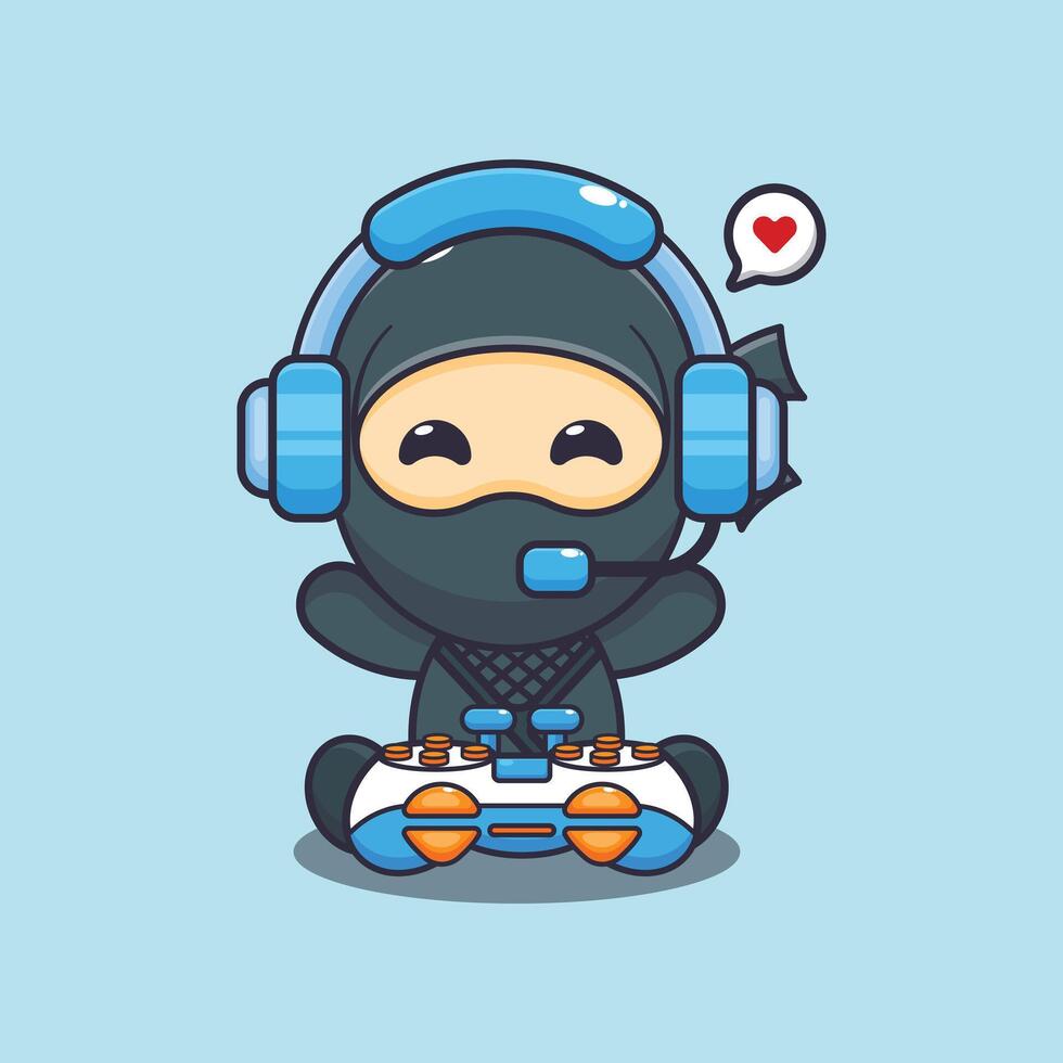 Cute ninja playing a game cartoon illustration vector