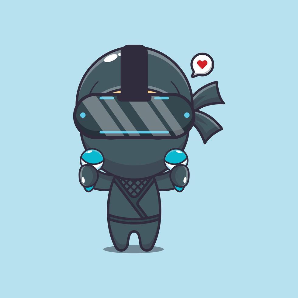 Cute ninja playing virtual reality cartoon illustration vector
