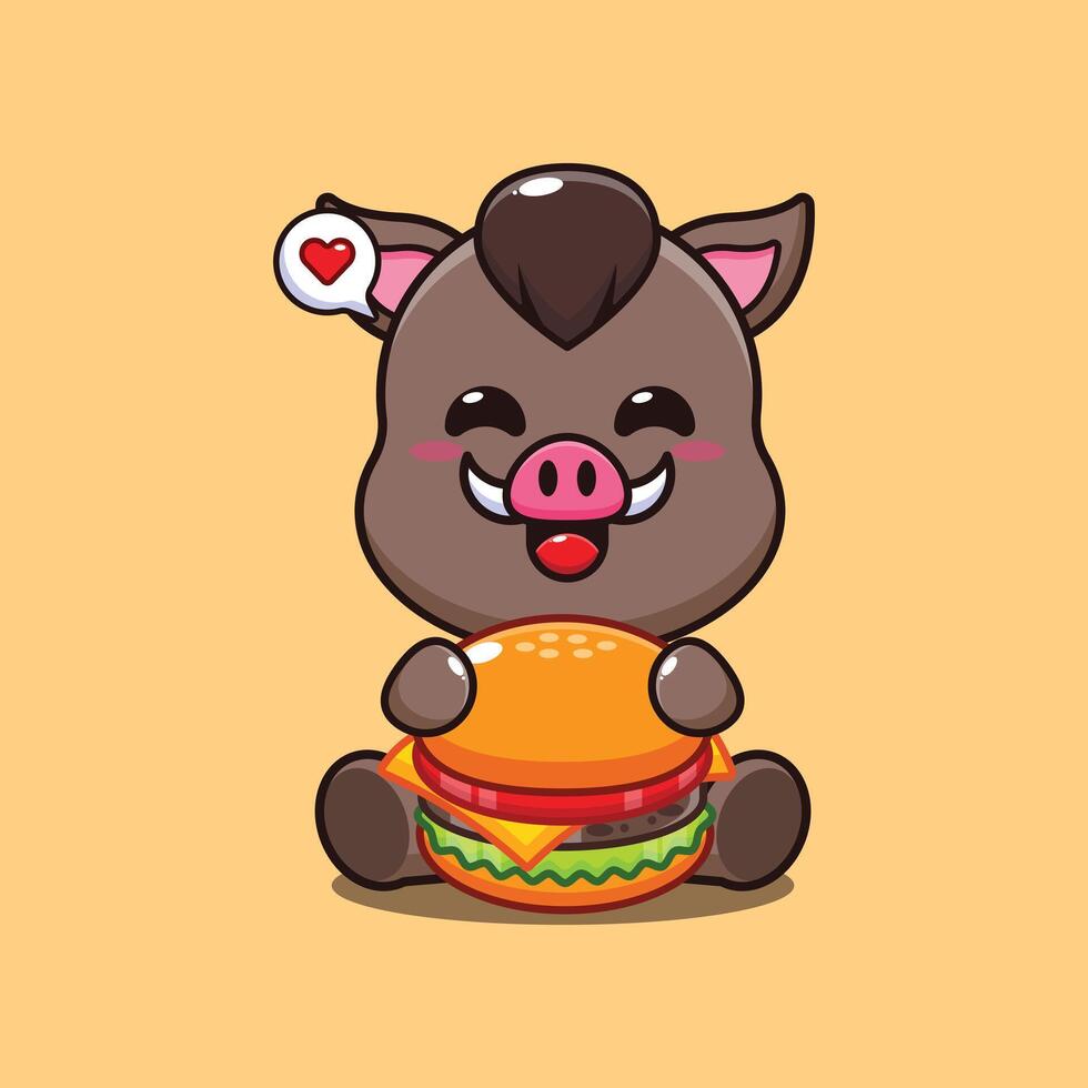 boar with burger cartoon illustration. vector