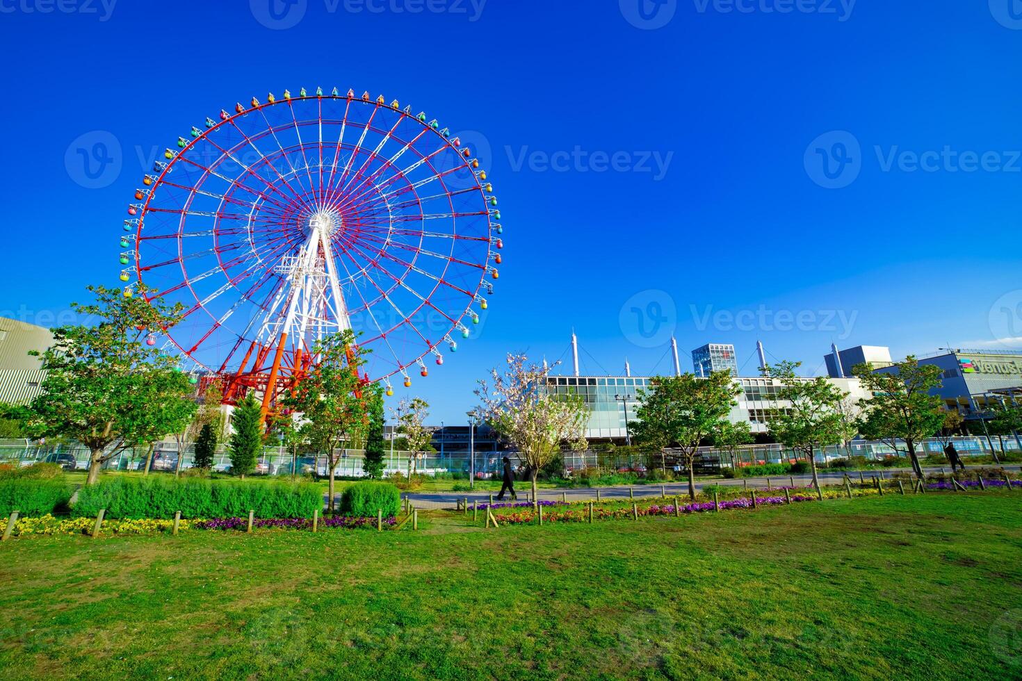 A ferris wheel at the amusement park in Odaiba Tokyo daytime wide shot photo