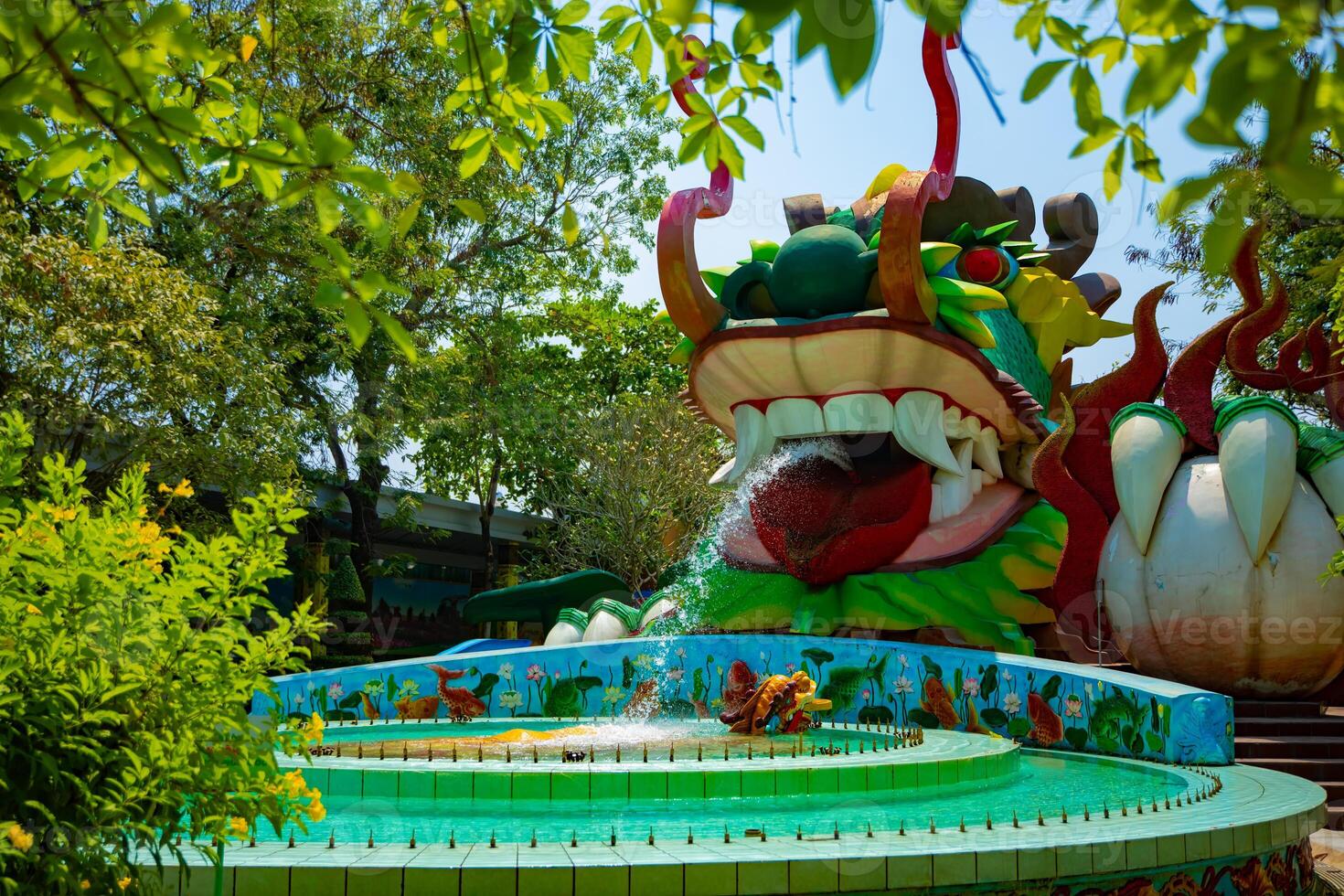 A big statue dragon at Suoi Tien park in Ho Chi Minh Vietnam wide shot photo
