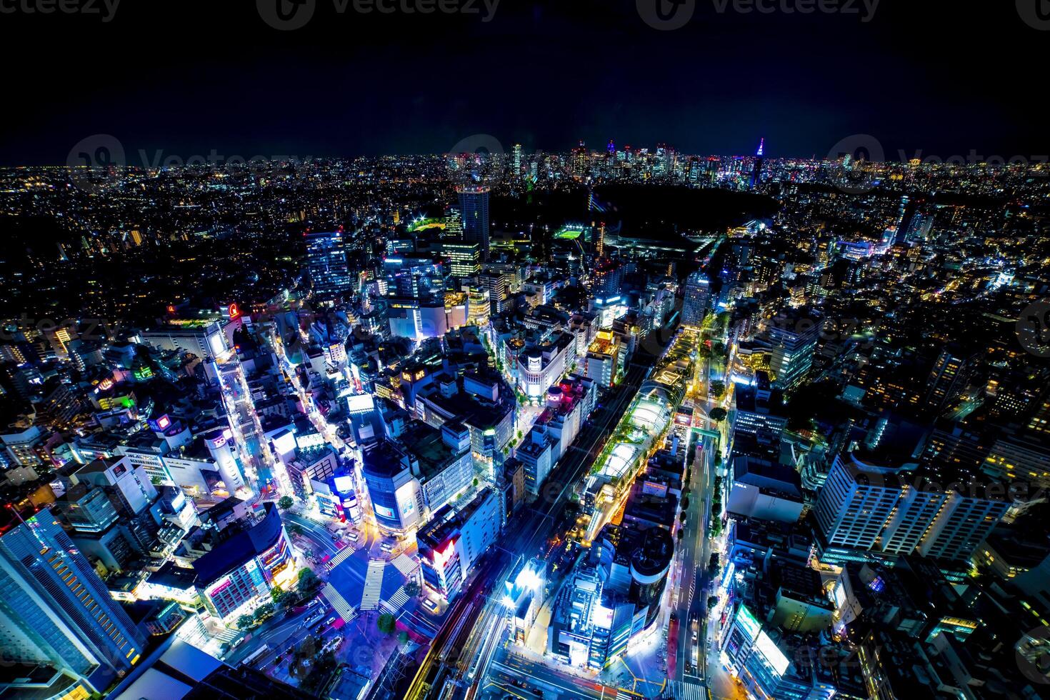 A night miniature Shibuya crossing wide shot high angle tiltshift photo