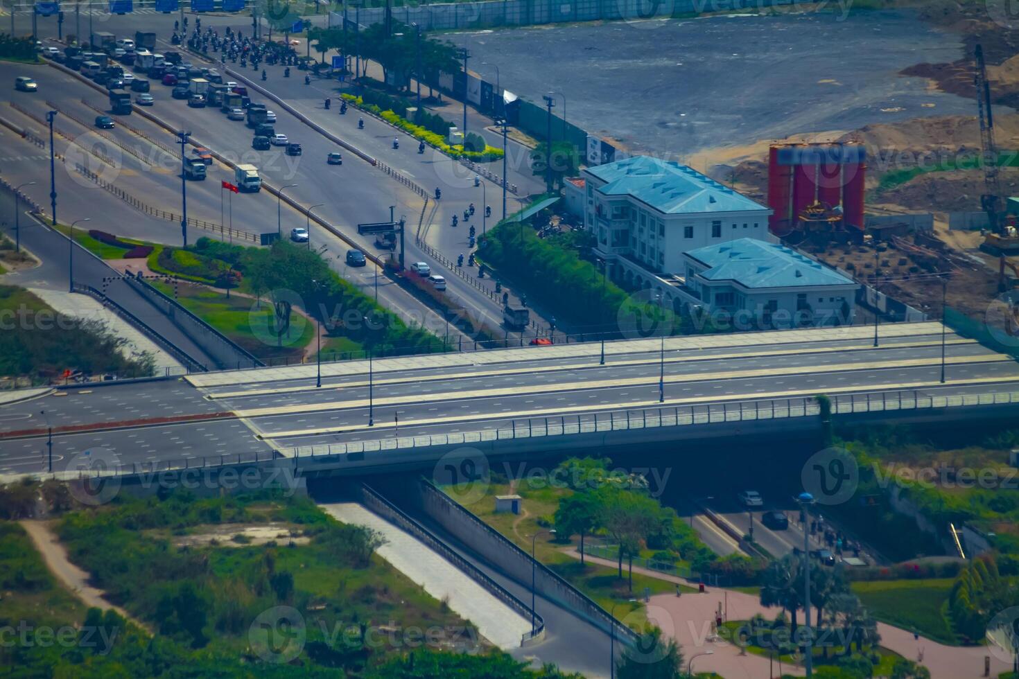 A traffic jam at the busy town in Ho Chi Minh high angle long shot photo