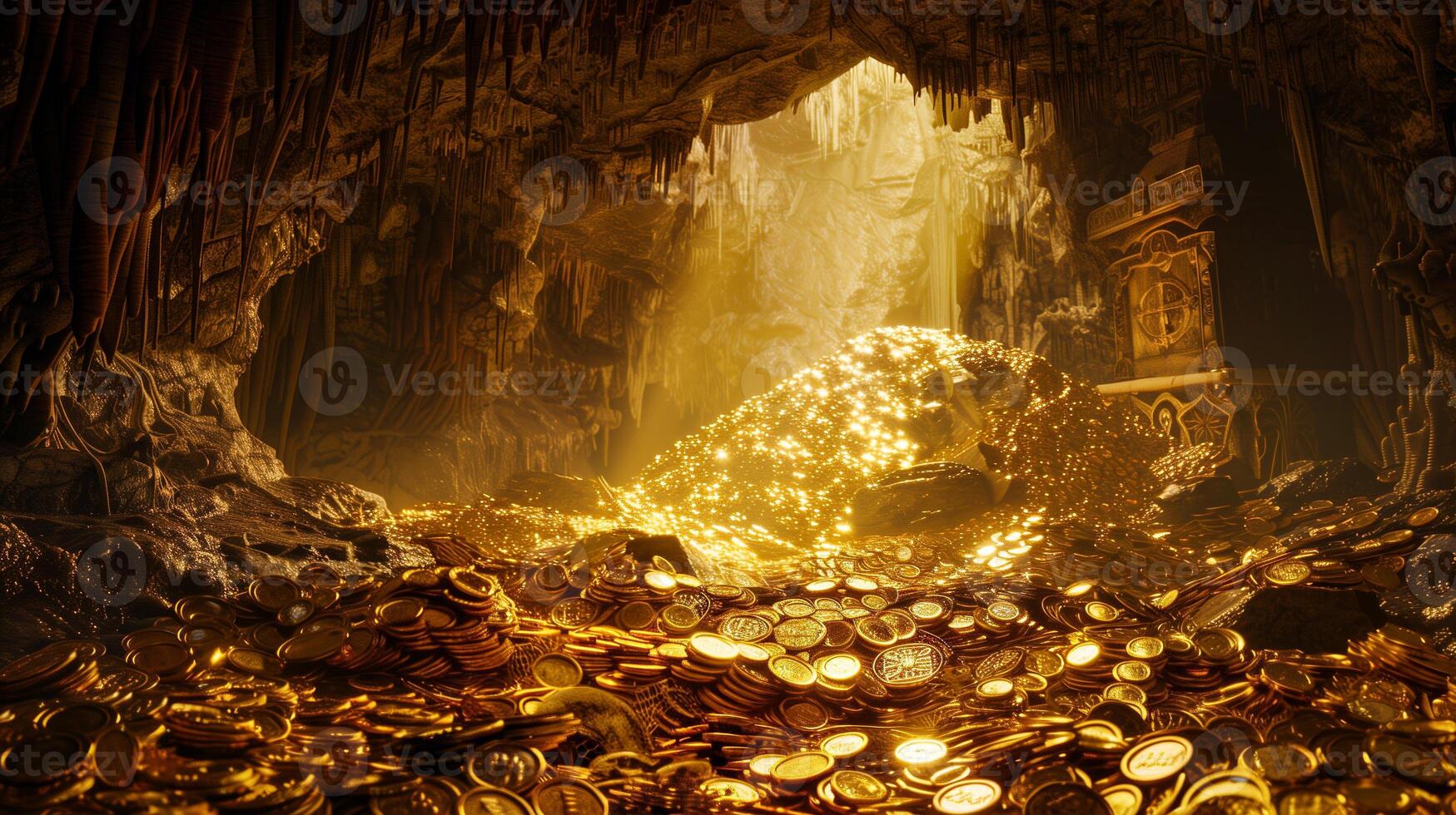 A large pile of gold coins and treasures hidden in a vast cave photo
