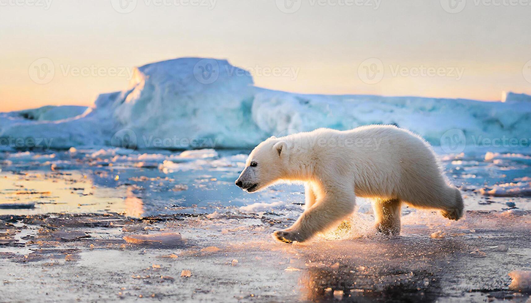 Polar bear cub white puppy running on ice surrounded by snow on a cold winter day photo
