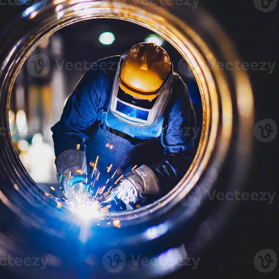 View from inside the steel pipe there was a welder at the end of the pipe photo