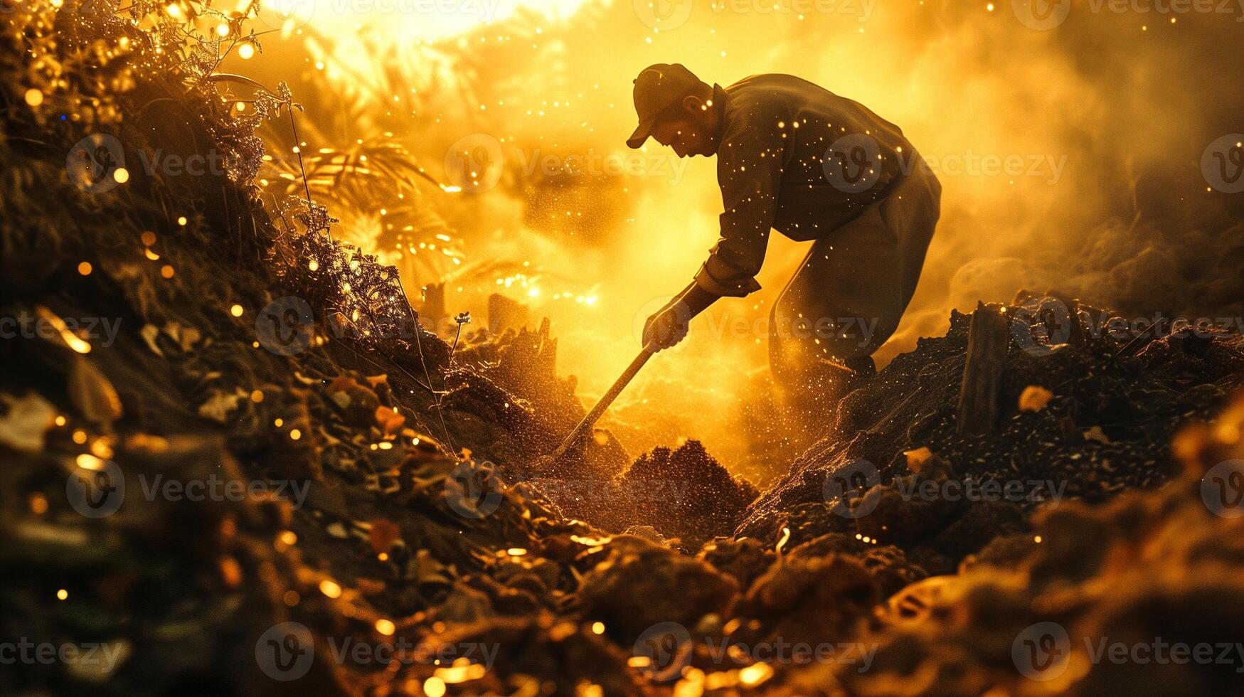 Man use shovels to dig in the ground to find gold photo