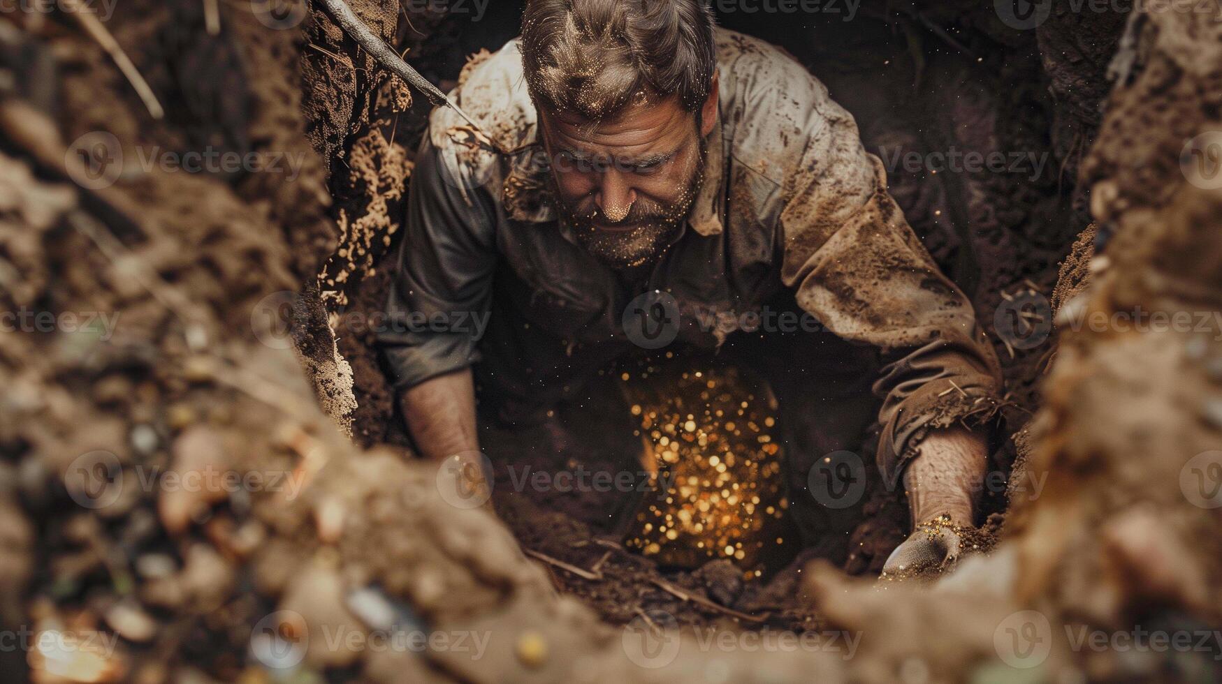 old man digging in the ground to find gold photo