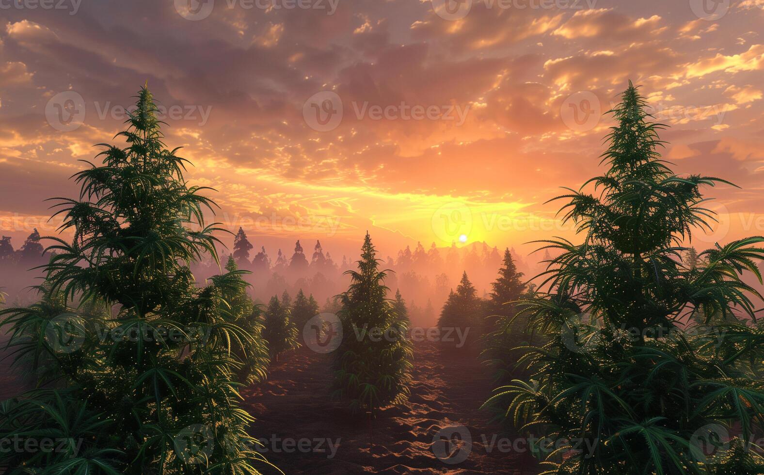 Large marijuana plantation with sky and sunrise in the background photo