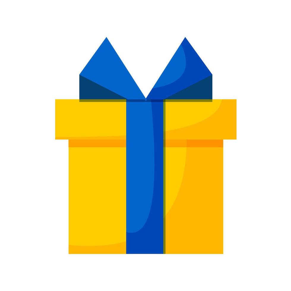 Festive yellow box with a blue ribbon and a bow on a white background. A nice gift for any occasion. vector