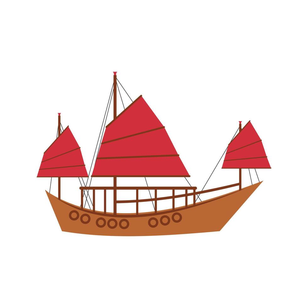 Giunca is a traditional Chinese sailing vessel for sailing along rivers and near seashores. Boat with red sails isolated on a white background. vector