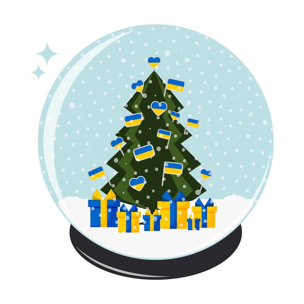 Christmas tree in a glass snow globe decorated with Ukrainian flags. vector