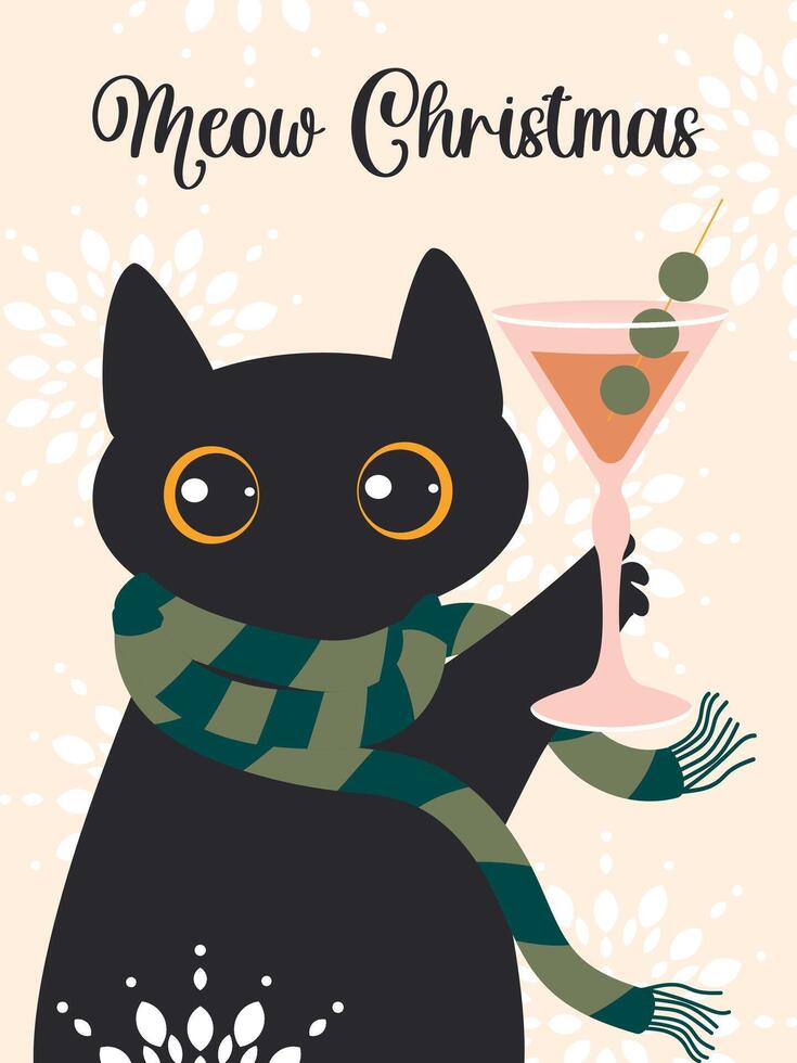 Meow Christmas. A black cute cat in a striped green scarf holds a cocktail in its paw on a pink vertical background. Festive New Year's card. vector