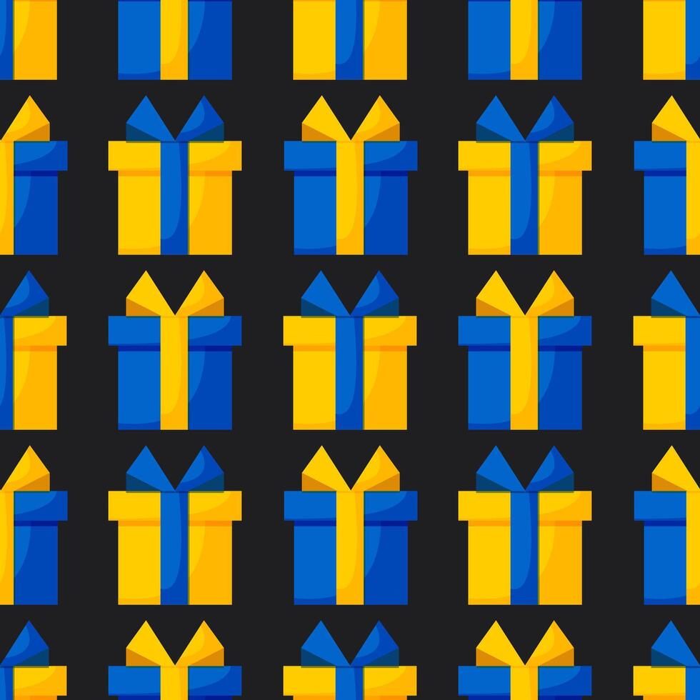 Festive box with a ribbon and a bow on a black background. Cute seamless pattern. vector
