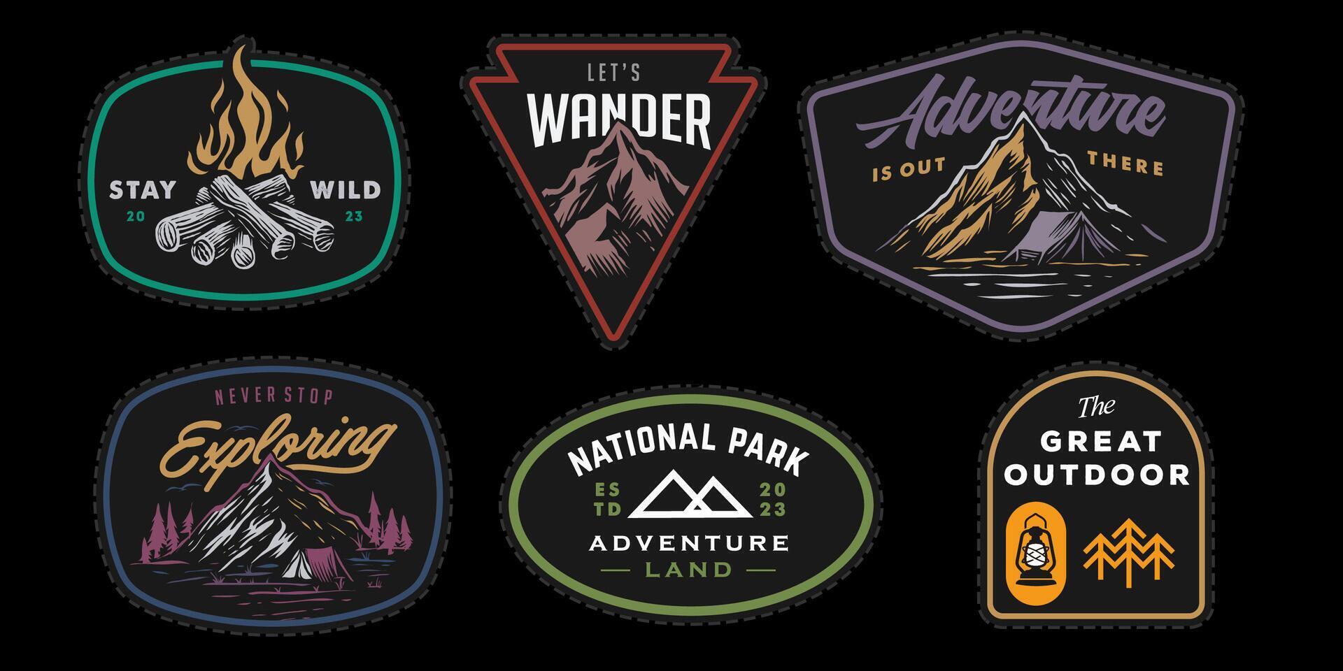 set collection of vintage adventure colorful badge. Camping emblem logo with mountain illustration in retro hipster style. vector