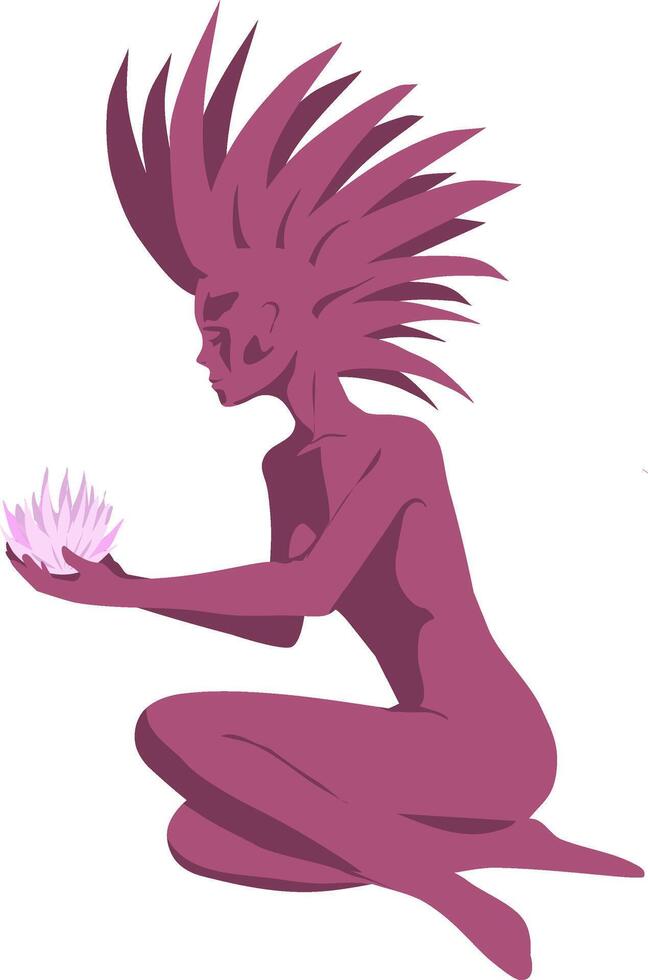 Alien girl with flower in her hands sitting on her lap. illustration Girl purple shadow silhouette with lush hair holding a water lily or lotus in her hand. vector