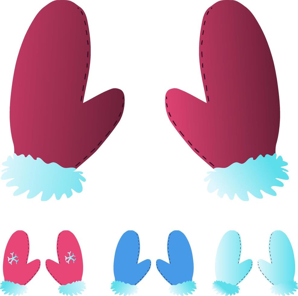 several different colors of winter gloves with fur and snowflakes. illustration vector