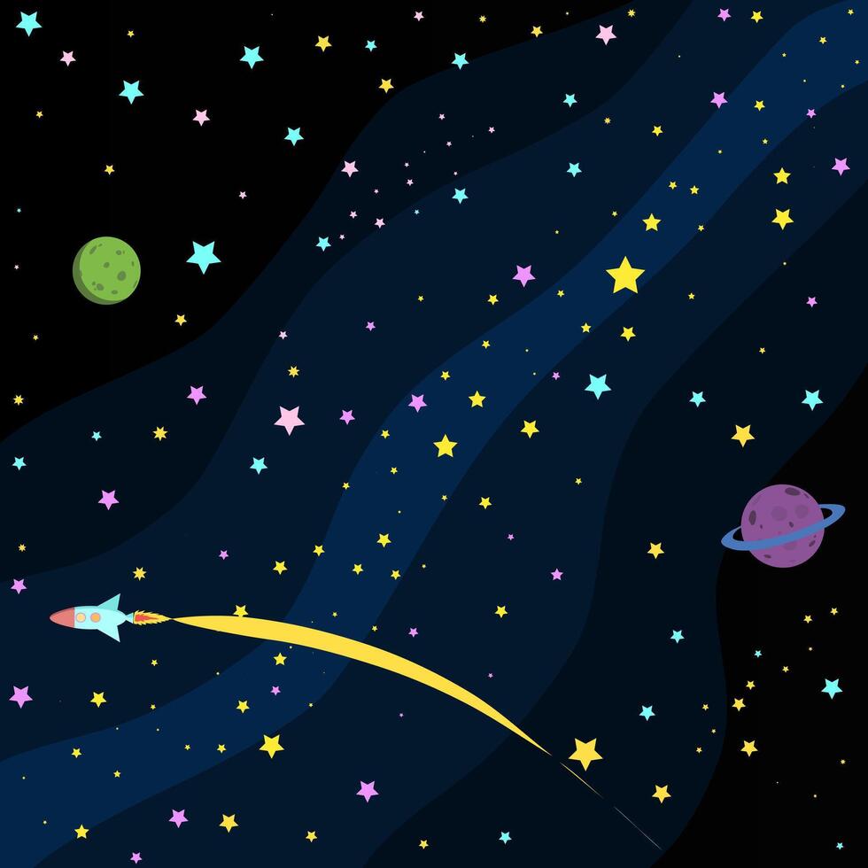 Kids Cartoon Wallpaper Space Milky Way with Stars and Planets. illustration in the background there are planets with craters and a rocket with eluminators. Space atmosphere in childish style vector