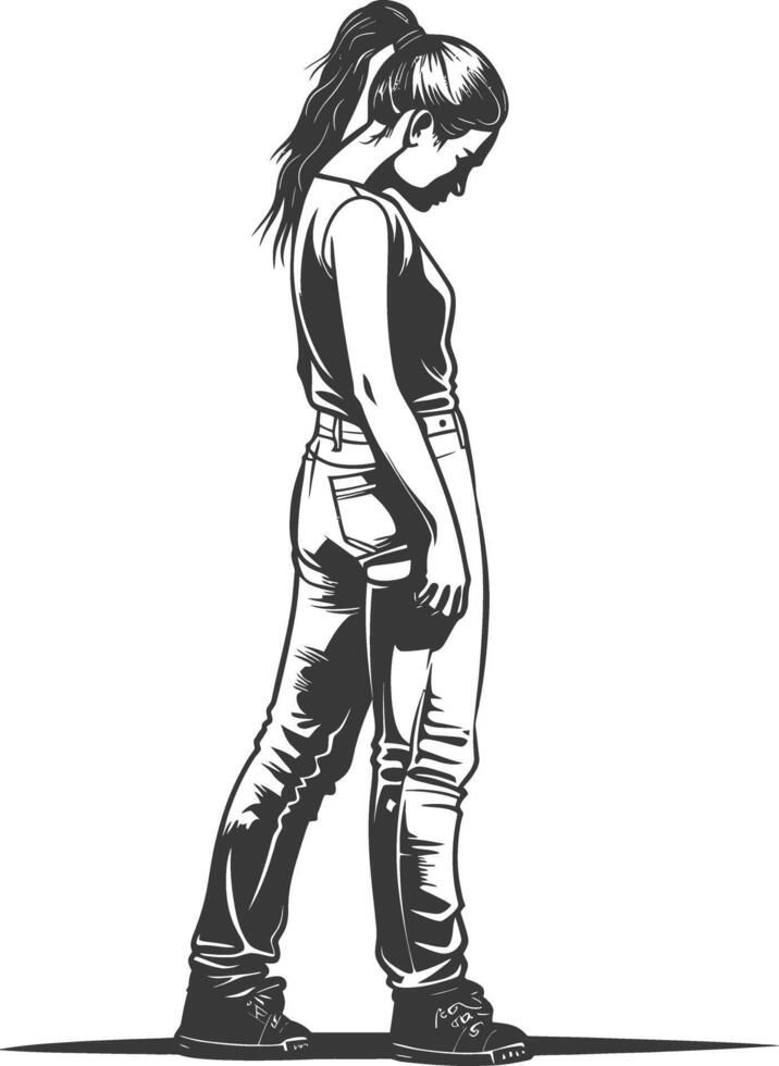 caucasian girl full body with engraving style black color only vector