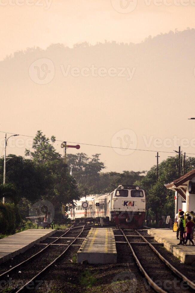 View of the train from afar moving with beautiful views photo