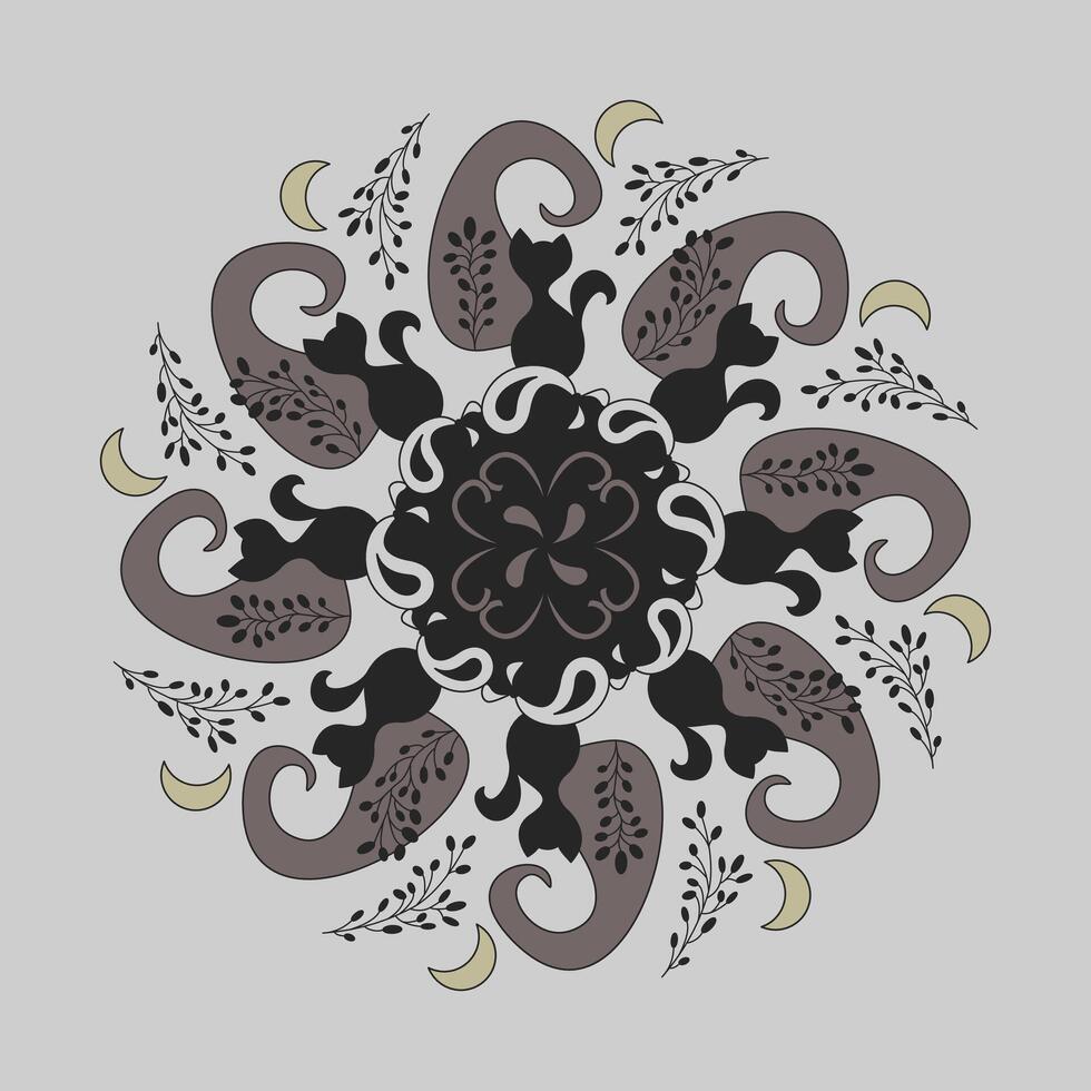 Pattern. Cat Mandala with moon and lavender. vector