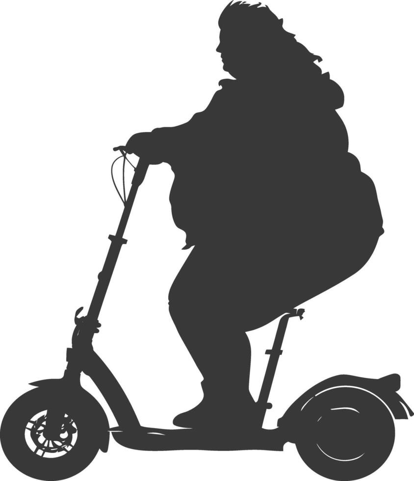 silhouette fat woman riding electric scooter full body black color only vector
