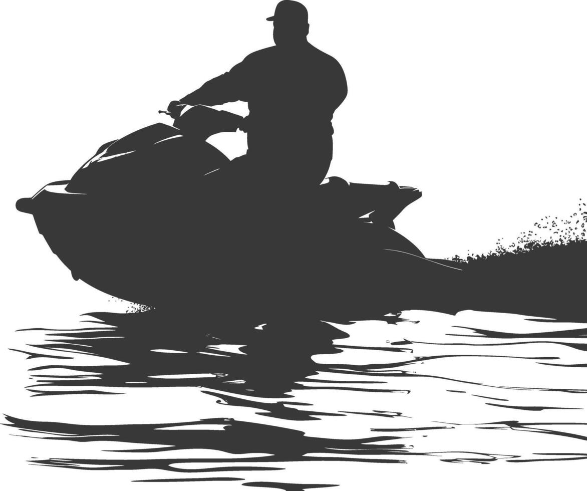 silhouette fat man riding jet ski full body black color only vector
