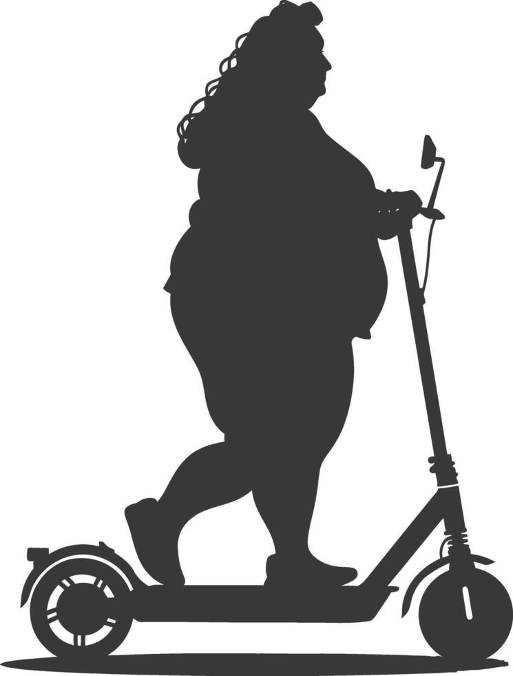 silhouette fat woman riding electric scooter full body black color only vector