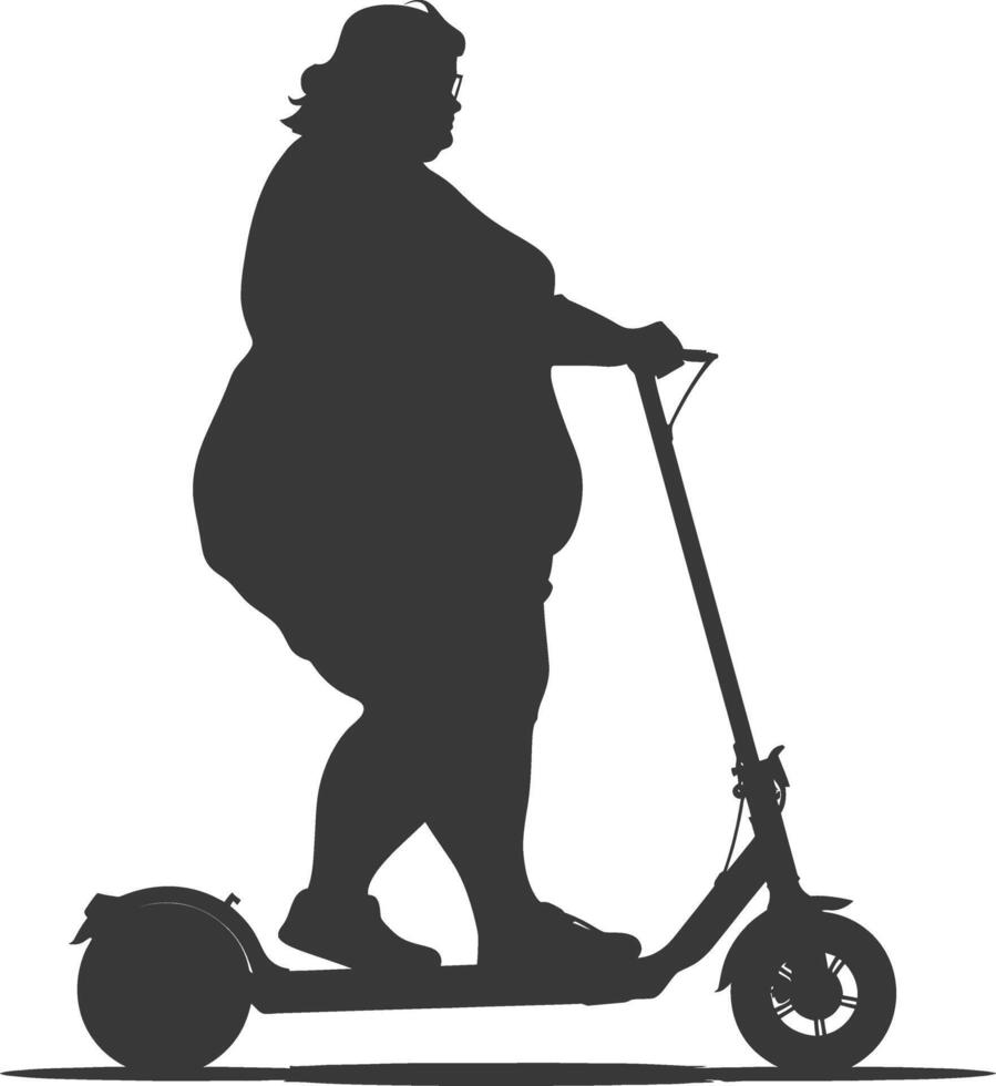silhouette fat woman riding electric scooter full body black color only vector