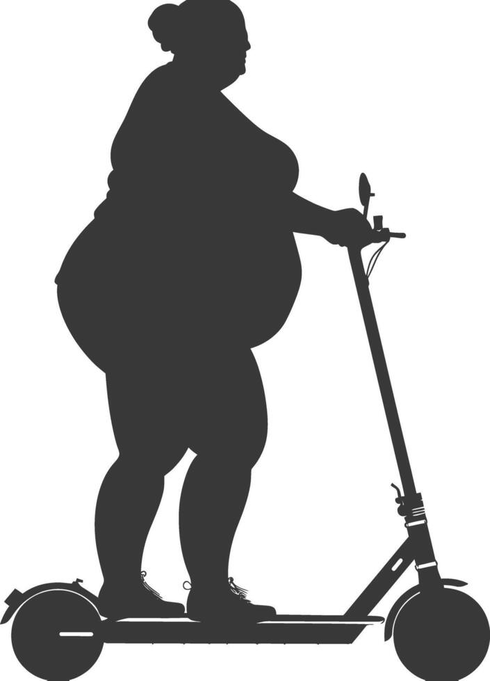 silhouette fat woman riding electric scooter full body black color only vector