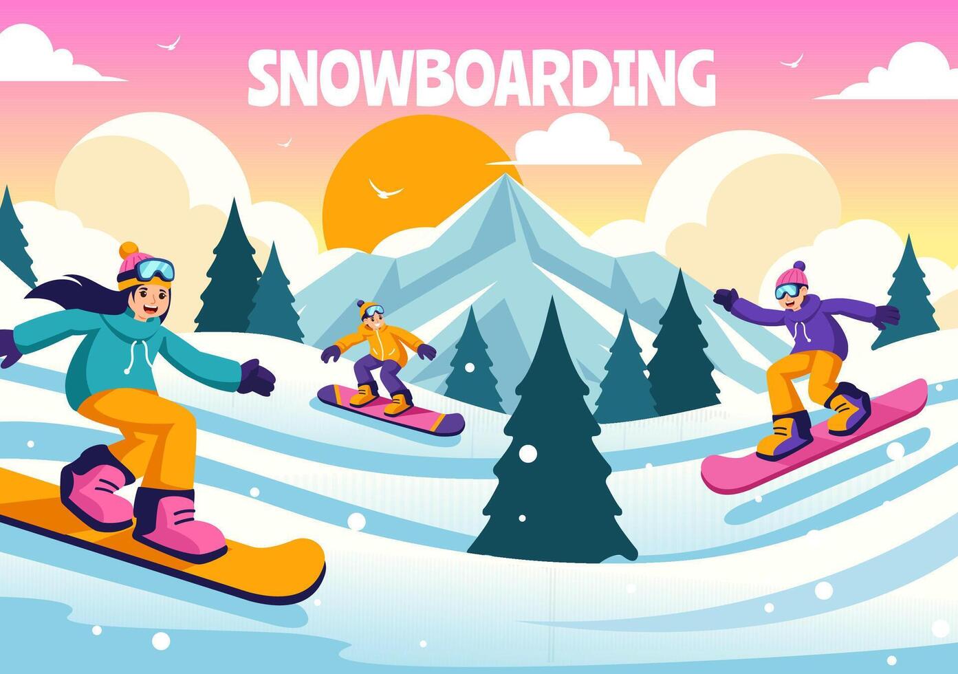Snowboarding Illustration Featuring People Sliding and Jumping on a Snowy Mountain Slope During Winter, Flat Style Cartoon Background vector