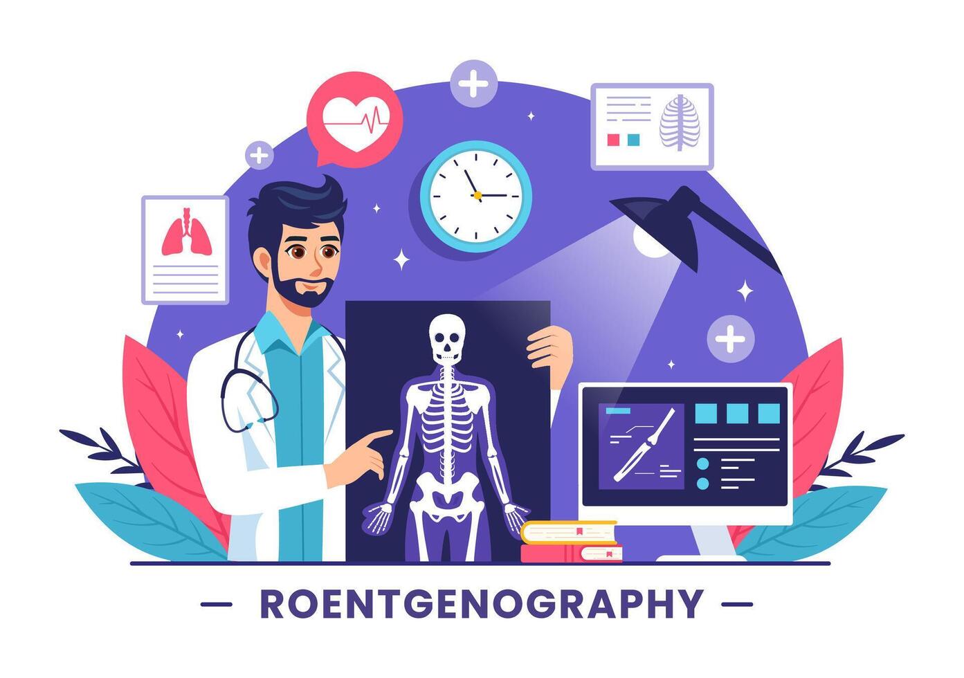 Roentgenography Illustration with Fluorography Body Checkup Procedure, X-ray Scanning or Roentgen in Health Care in a Flat Cartoon Background vector