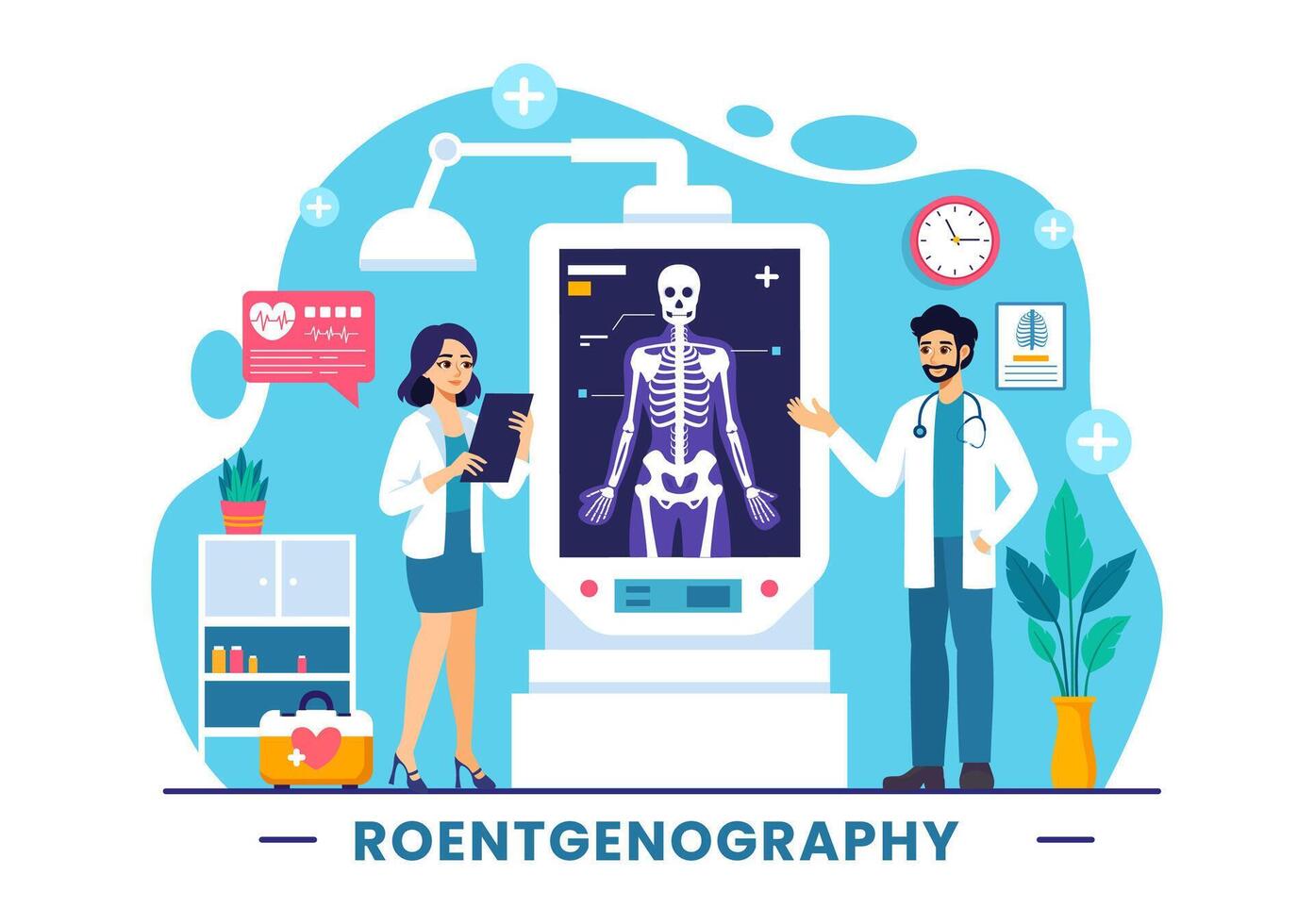 Roentgenography Illustration with Fluorography Body Checkup Procedure, X-ray Scanning or Roentgen in Health Care in a Flat Cartoon Background vector
