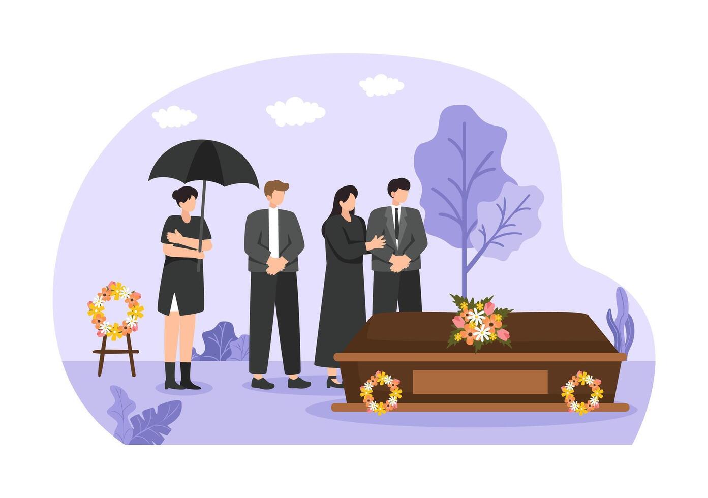 Funeral Ceremony Illustration of Sad People in Black Clothes Standing by a Grave with Wreaths Around a Coffin in a Flat Cartoon Background vector