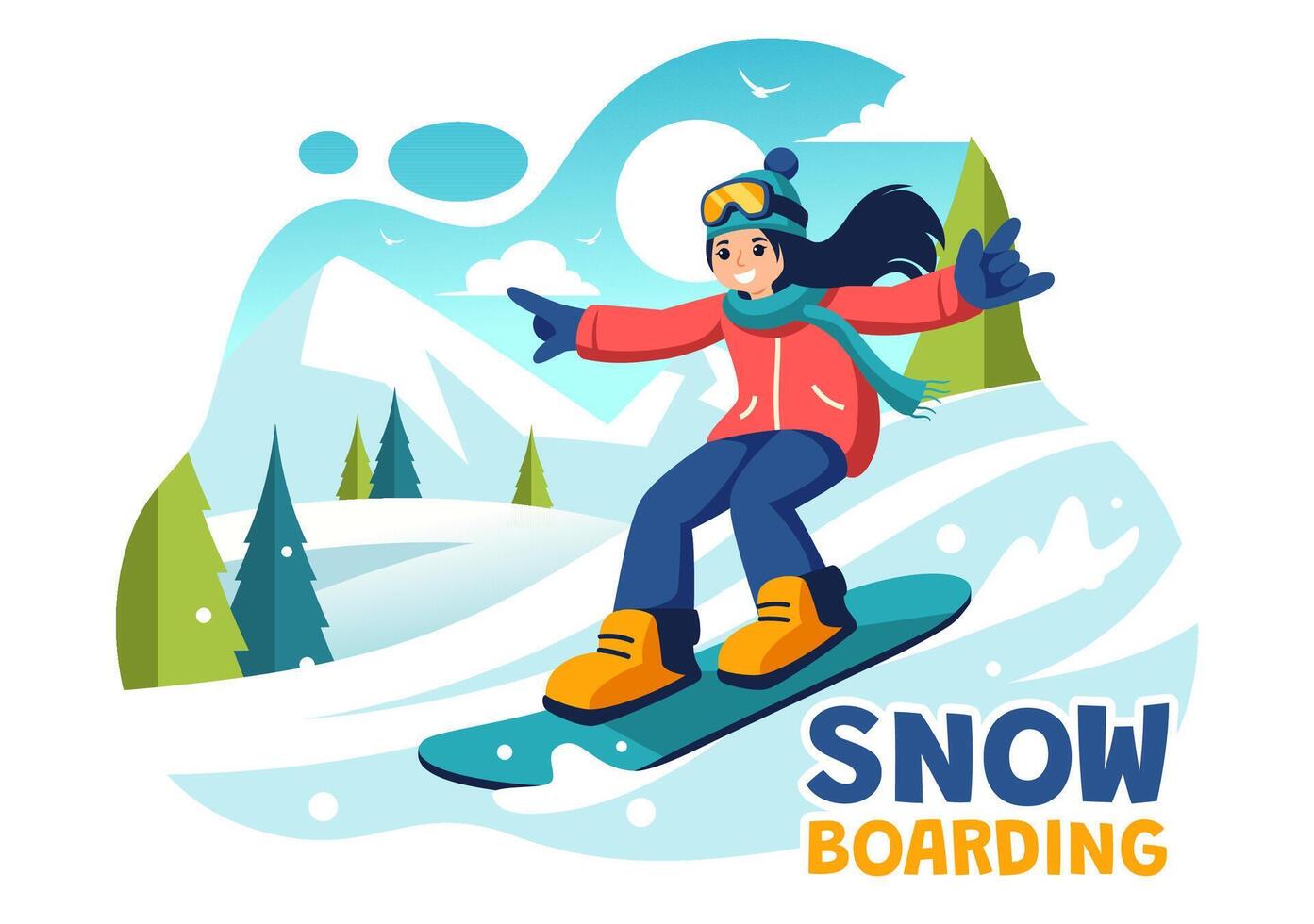 Snowboarding Illustration Featuring People Sliding and Jumping on a Snowy Mountain Slope During Winter, Flat Style Cartoon Background vector