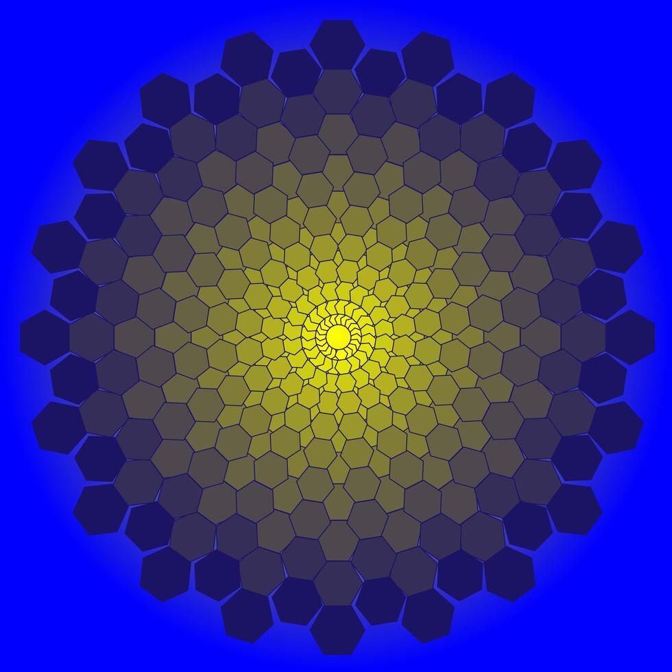 Abstract geometric pattern in the form of golden polygons arranged in a circle on a blue background vector